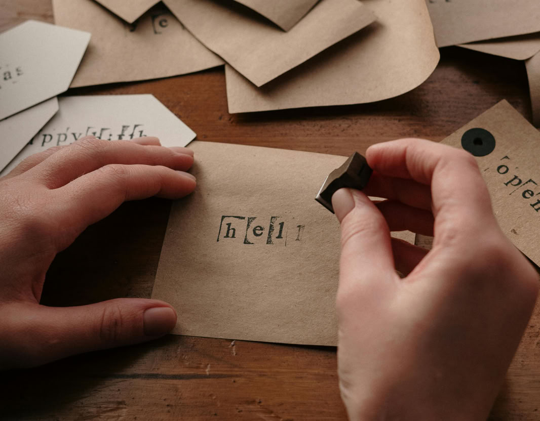 Hands stamping custom cards with love on a wooden desk.